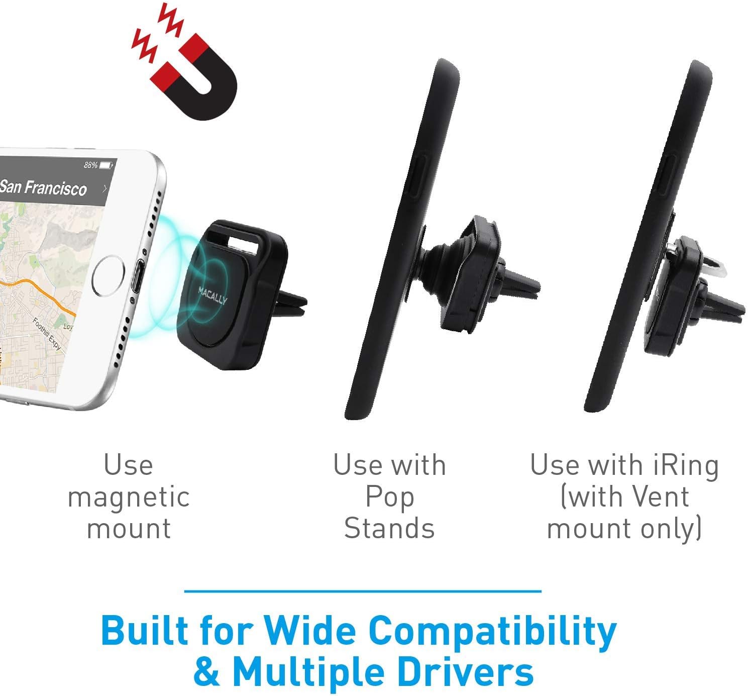 Magnetic Phone Car Mount Vent, Macally [Upgraded 3-in-1] Air Vent Phone Holder and Dash Mount - Designed to Clip Cell Phone with Pop Out Stand, iRing, or Any iPhone Galaxy