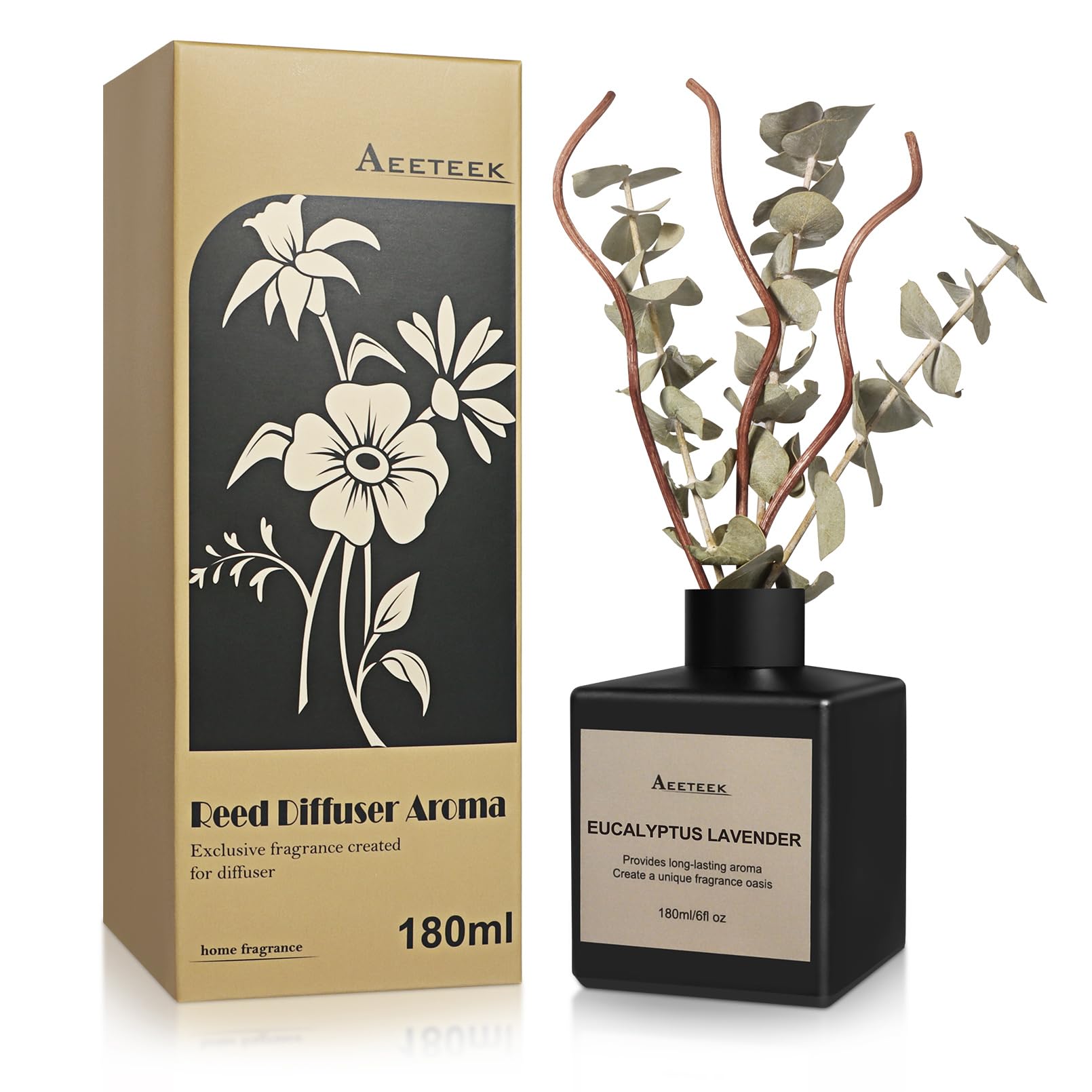Aeeteek Reed Diffuser Set, Eucalyptus Lavender Scented Oil with Dried Flowers, 6.09 Fl Oz(180ml) Long Lasting Air Freshener with Diffuser Sticks, Home Fragrance for Room Office Bathroom Decor