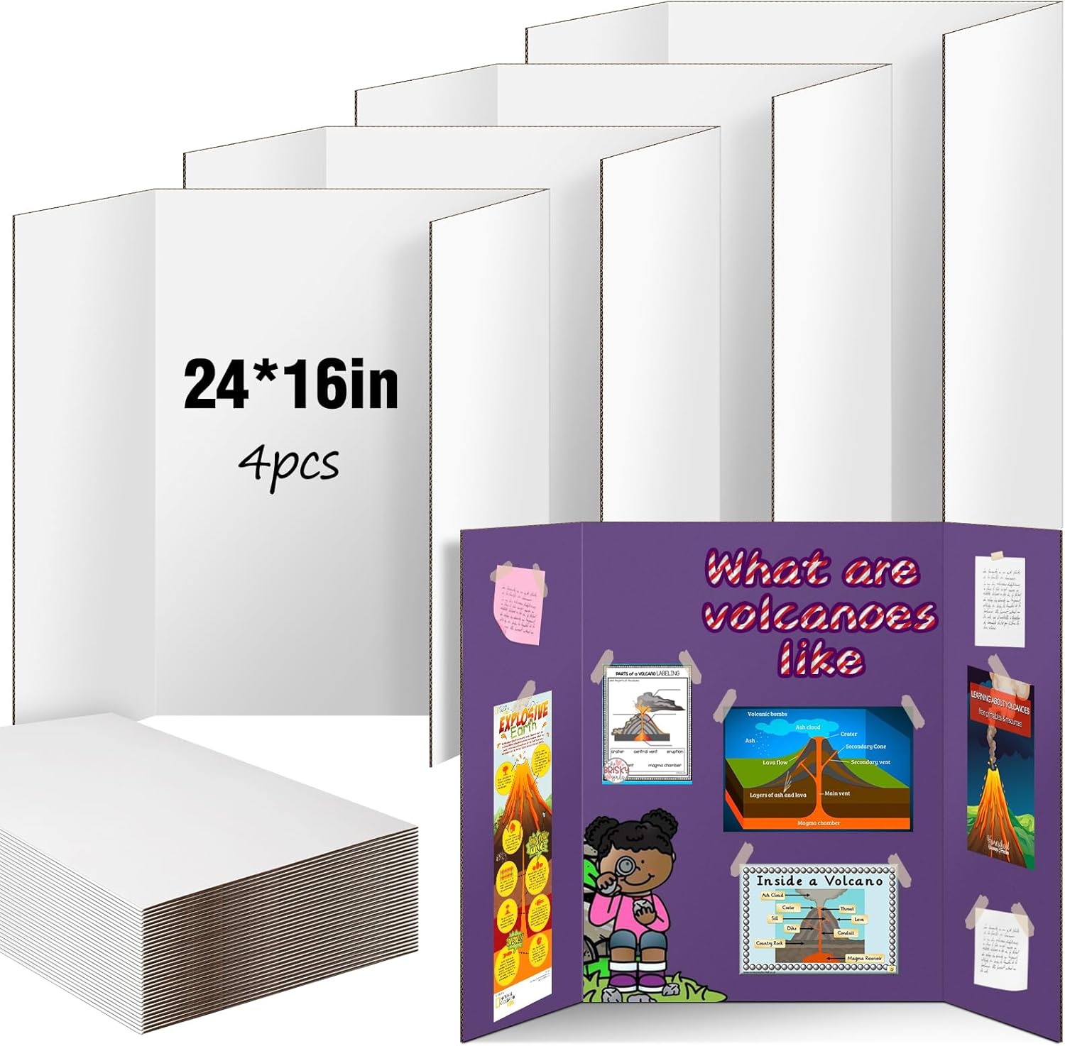 Trifold Poster Board 4 Pack, IKAYAS 24 X 16 Inch Double Sided White Poster Boards, Science Fair Display Boards Presentation Boards for Mounting, Prints, Art, Display, Projects Classroom Supplies