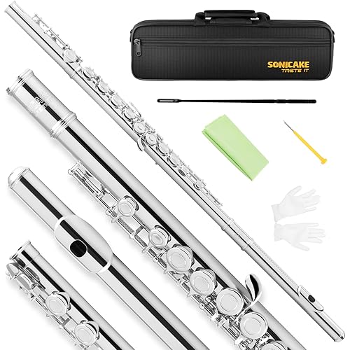 SONICAKE Nickel-plated C Flutes, Closed Hole 16Keys Flute for Beginner Student, Flute Instrument with Cleaning Kit, Carrying Case, Gloves, Tuning Rod, QFL-01