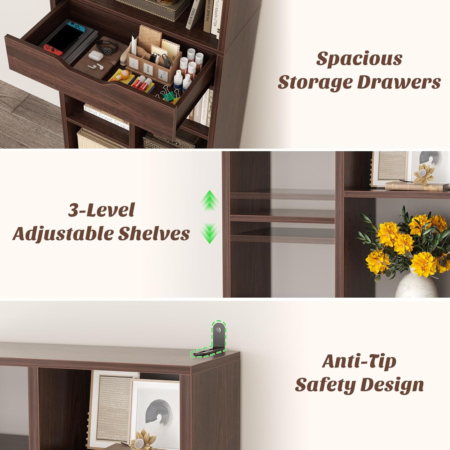 Armocity 8-Tier Tall Bookshelf with Drawer, 73.6" Narrow Freestanding Bookcase, Space-Saving Wood Display Shelves Storage for Living Room, Home Office Bedroom, Black Walnut