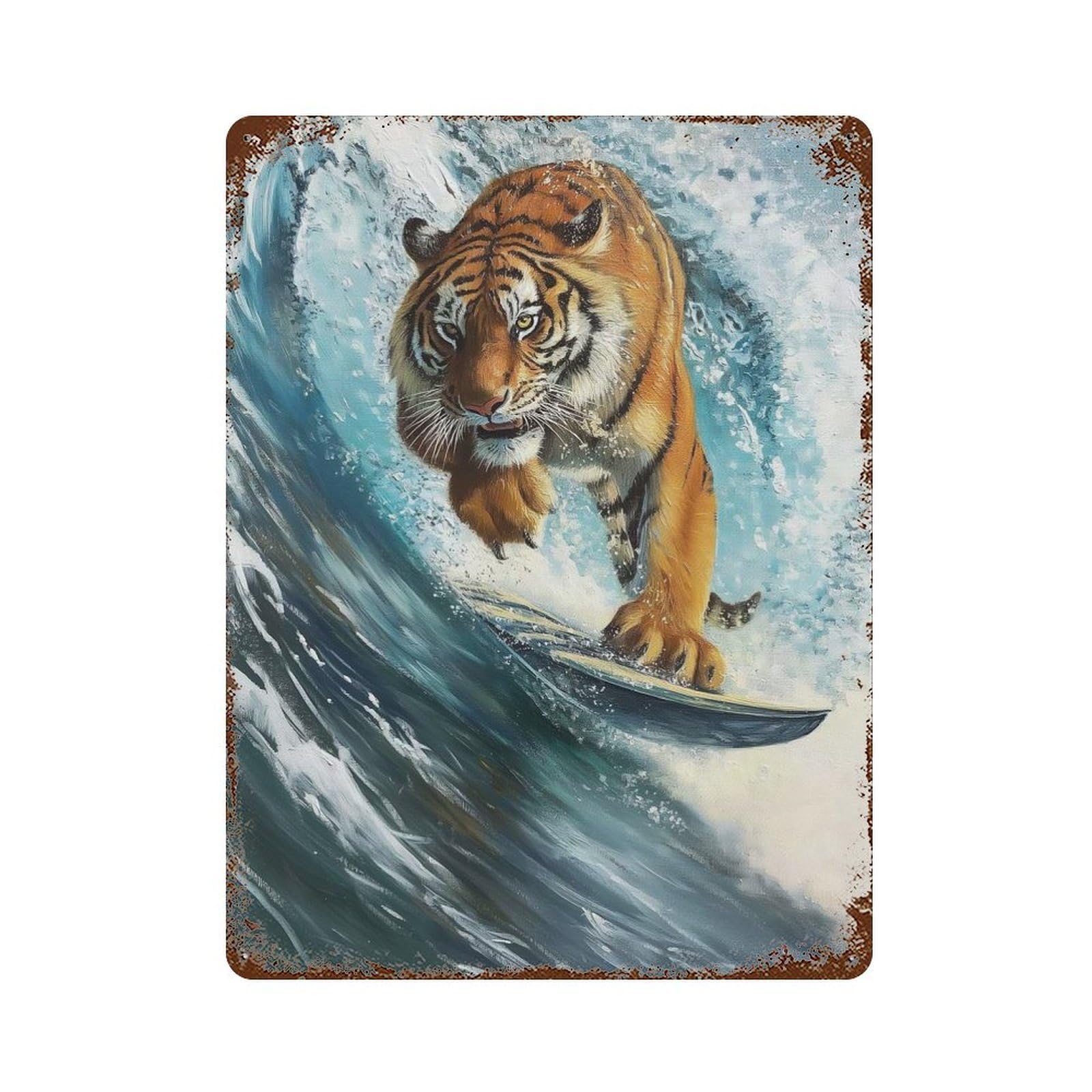 Surfing Tiger Surfer Wave 15.7"x11.8" Distressed Metal Wall Sign, Shabby Chic Decor for Office, Studio And Wall Decor