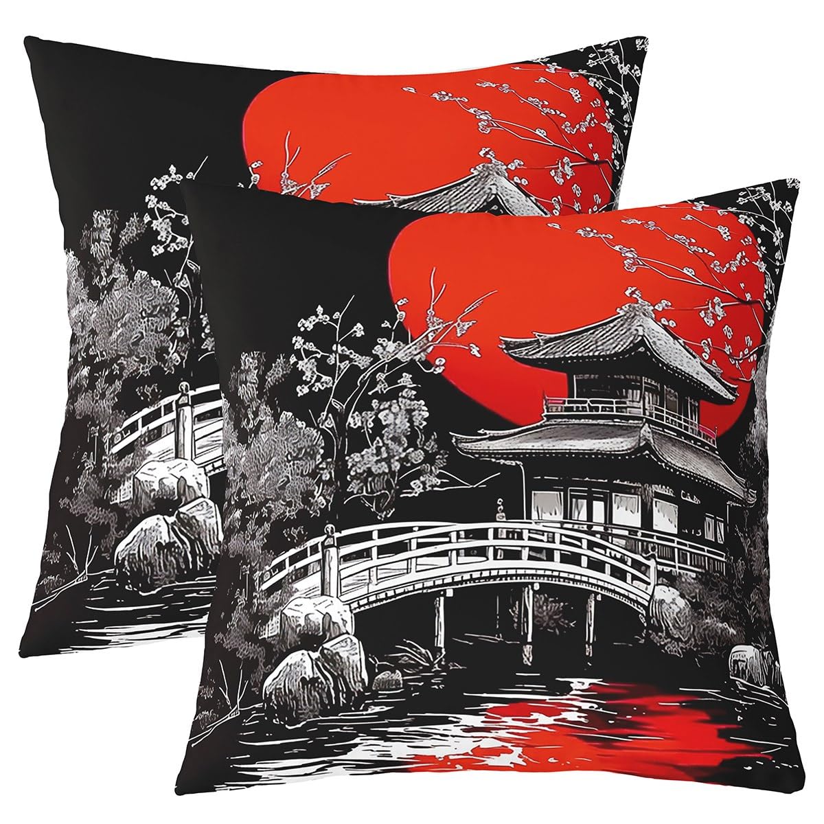 Homemissing Japanese Ukiyoe Cushion Covers Set of 2 40x40cm For Sofa Couch Chair Kids Boys Girls Adults Japanese Style Pillow Covers Red Sunset Cushion Case Hokusai Pattern Pillow Cases โ image 1