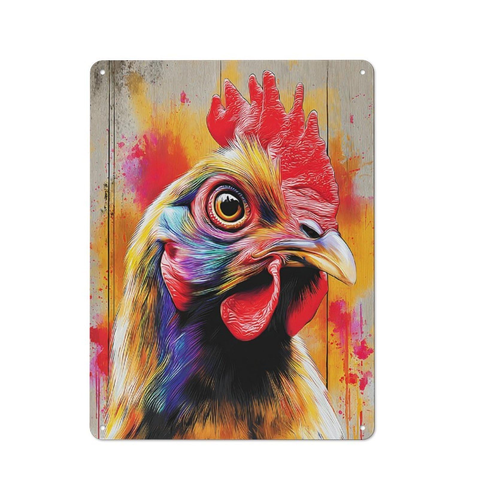Junmoney Colorful Rooster Portrait -2 Retro Tin Wall Plaque 40X30cm For Garage Or Workshop, A Metal Wall Feature For Garages And Tool Rooms