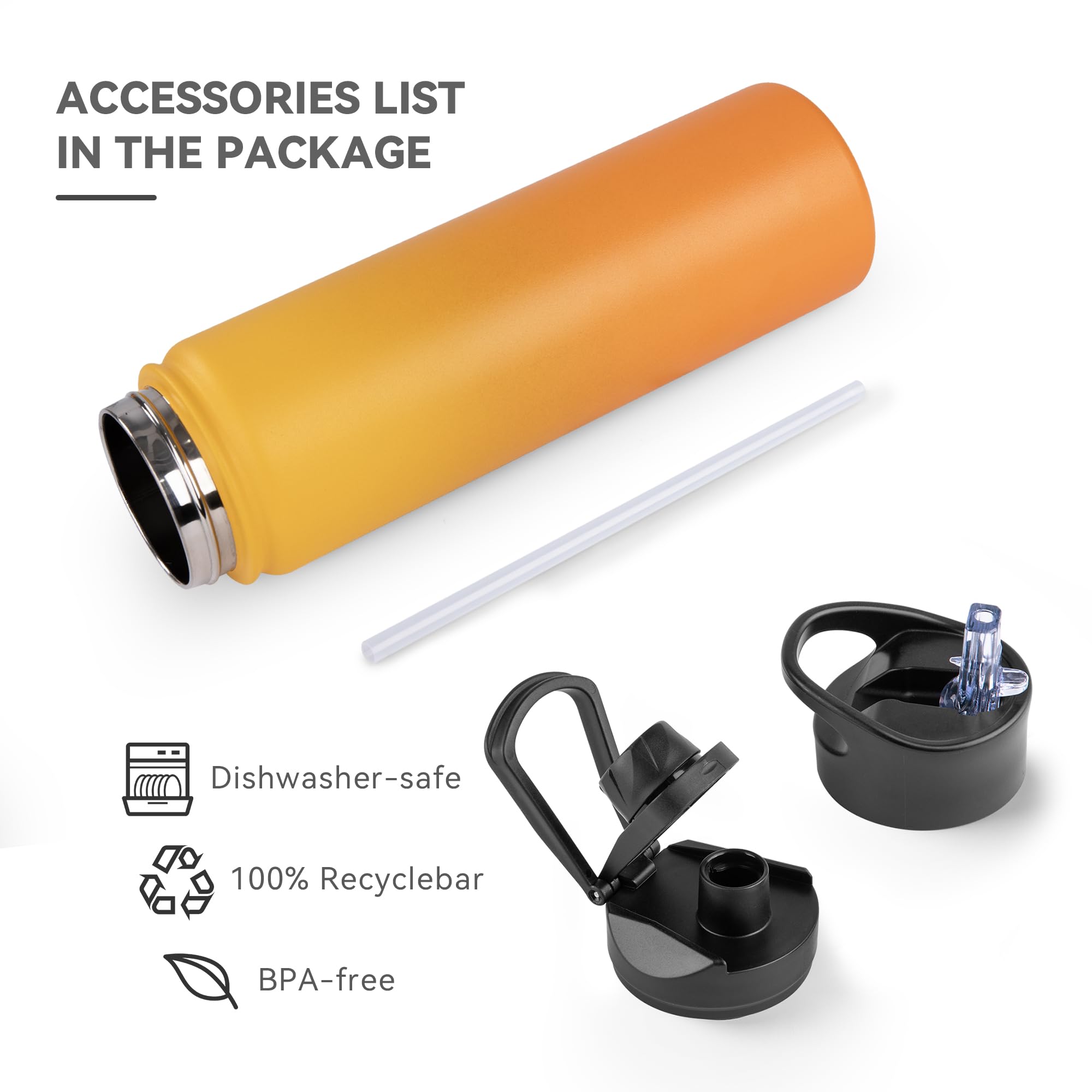 UMBFUN Insulated Water Bottle, 750ml 2 Lids (Straw Lid and Spout Lid) - Image 3
