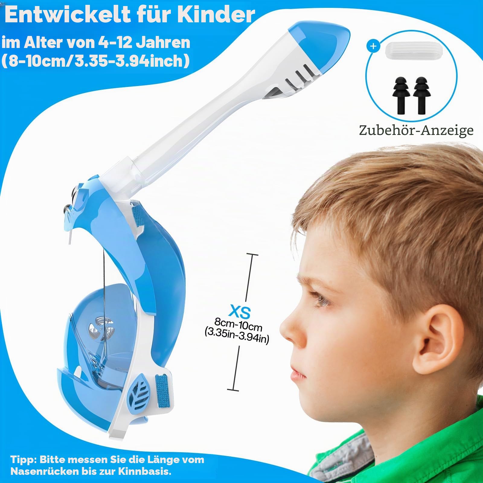 Schnorchelmaske Kinder, Tauchmaske Vollgesichtsmaske mit Schnorchel, CO2 Sichere Tauchmaske, 180° Panoramablick, Mit Ohrstöpseln & Aufbewahrungsbeutel, für Kinder von 4-12 Jahren (XS, Blau)