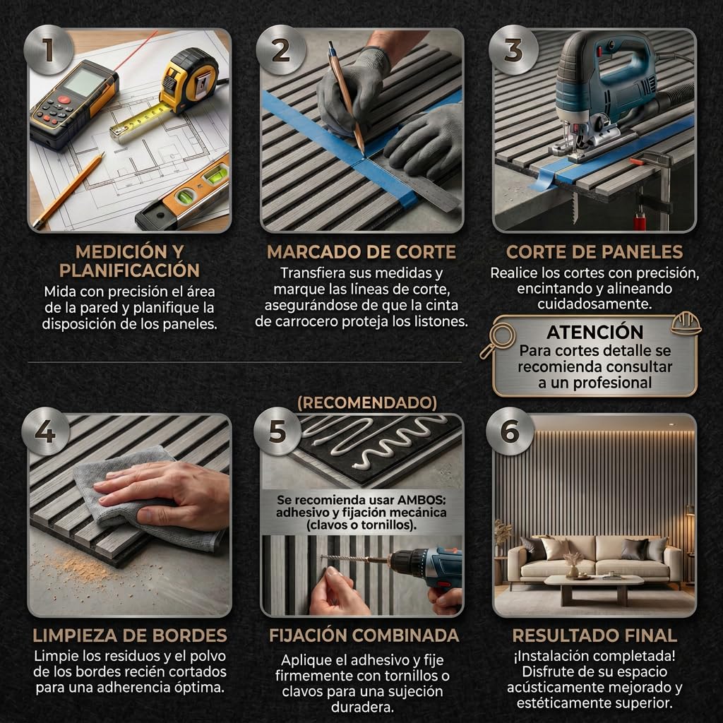 Ediesi, Paneles Acusticos Decorativos 120x60 cm, Revestimiento de Pared en Madera con Listones, Aislante de Ruido, Diseño Moderno para Salon, Oficina o Estudio (Gris, 4 Unidades)