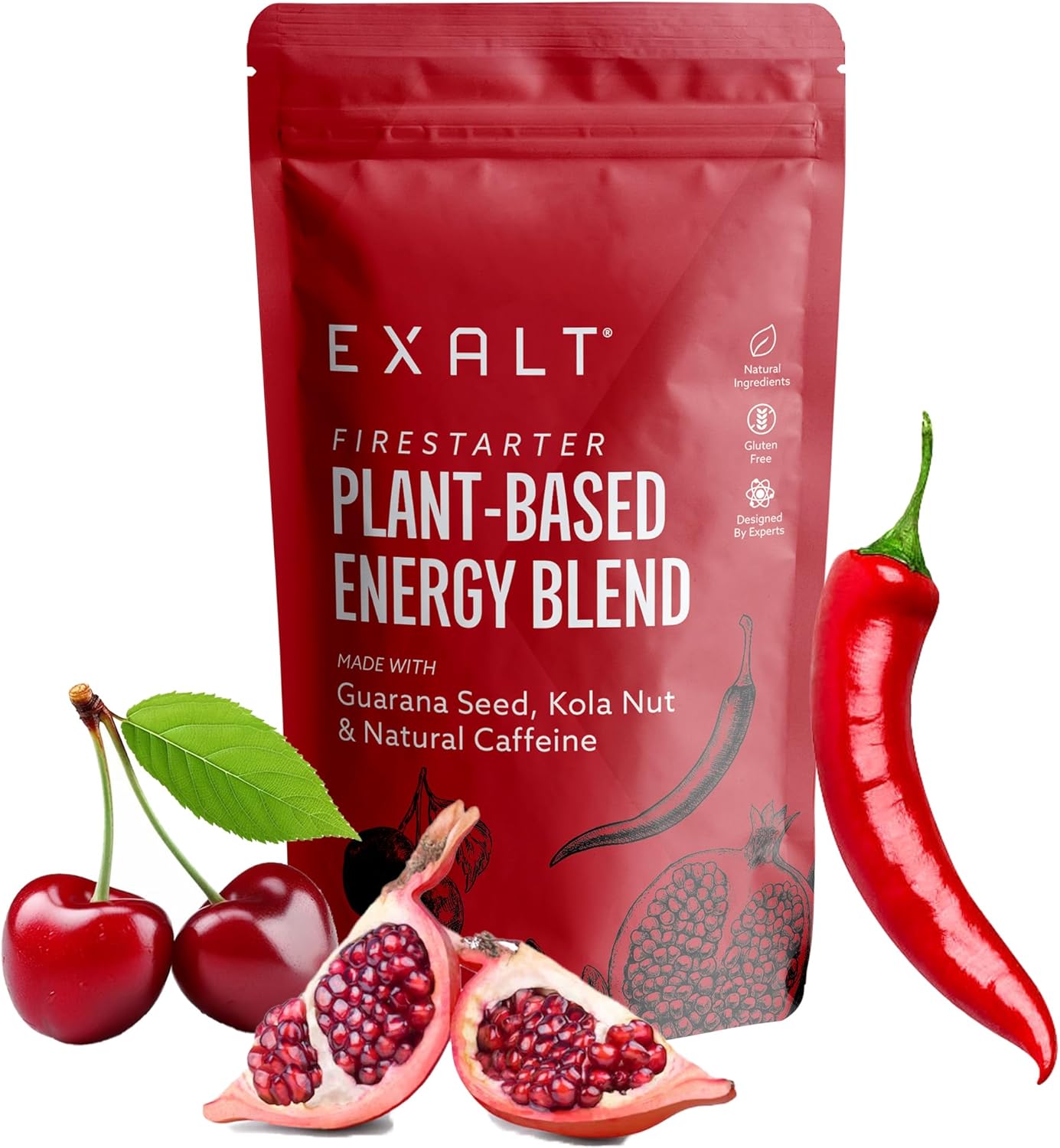 EXALT Firestarter – Daily Energy & Pre Workout Complex with 100% Natural Ingredients – 150mg Natural Caffeine from Kola Nut, Guarana & Coffee Extract – Cherry & Pomegranate & Chilli – 125g