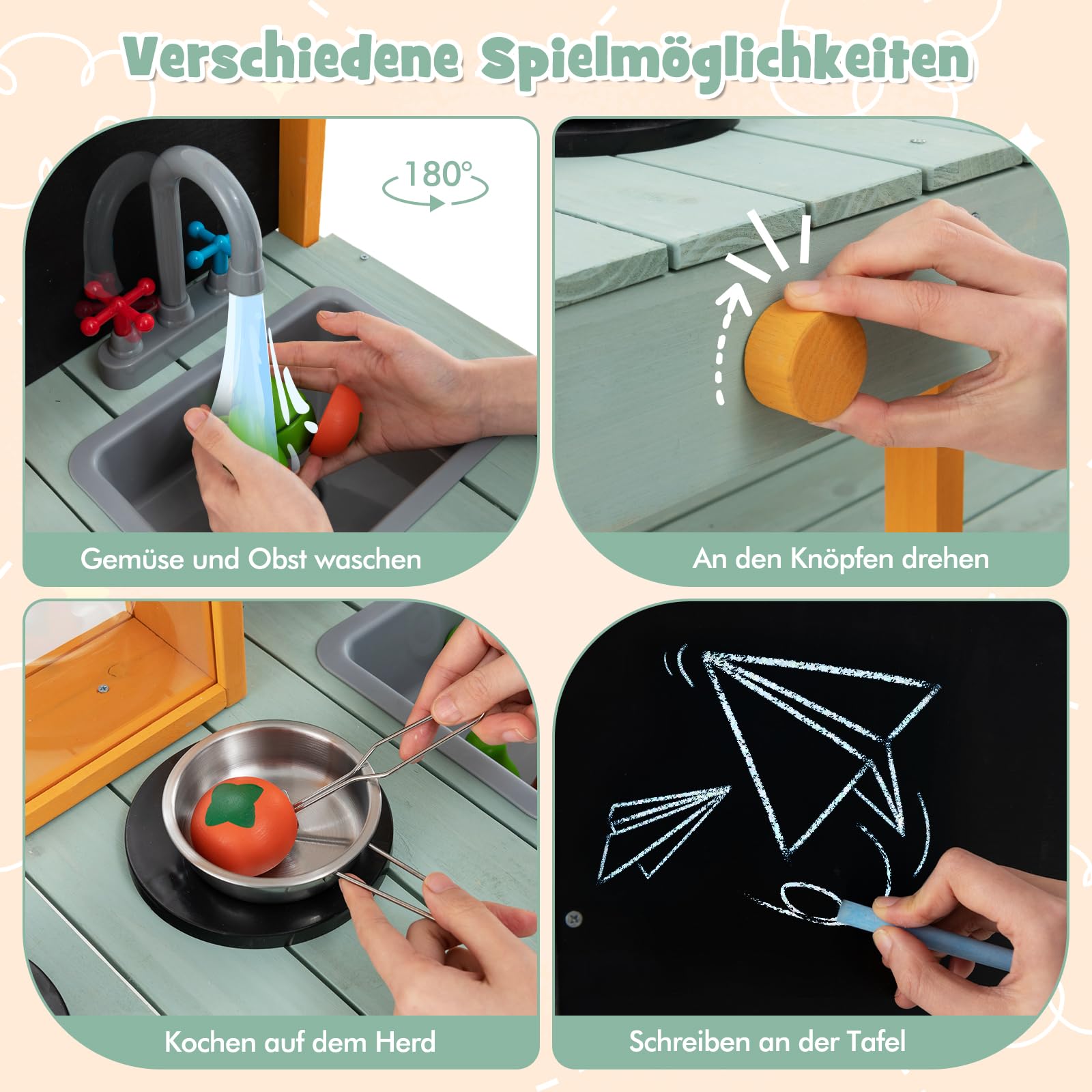 DREAMADE Matschküche Kinder Outdoor, Kinderküche Tannenholz, Spielküche mit Wasserhahn, Waschbecken, Herd, Tafel & Pflanzenbetrachter, Outdoor Küche inkl. 8 TLG. Zubehör für Kinder ab 3 Jahren (Grün)