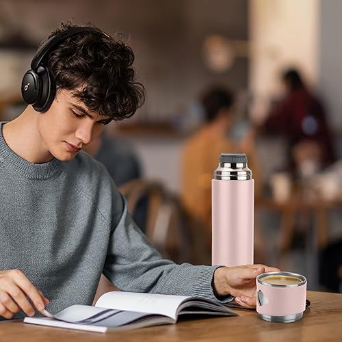 Miniatura 7 de Termo de acero inoxidable 23.7 fl oz23.7oz botella aislada al vacío con taza para café bebida caliente y bebida fría botella de agua (rosa,