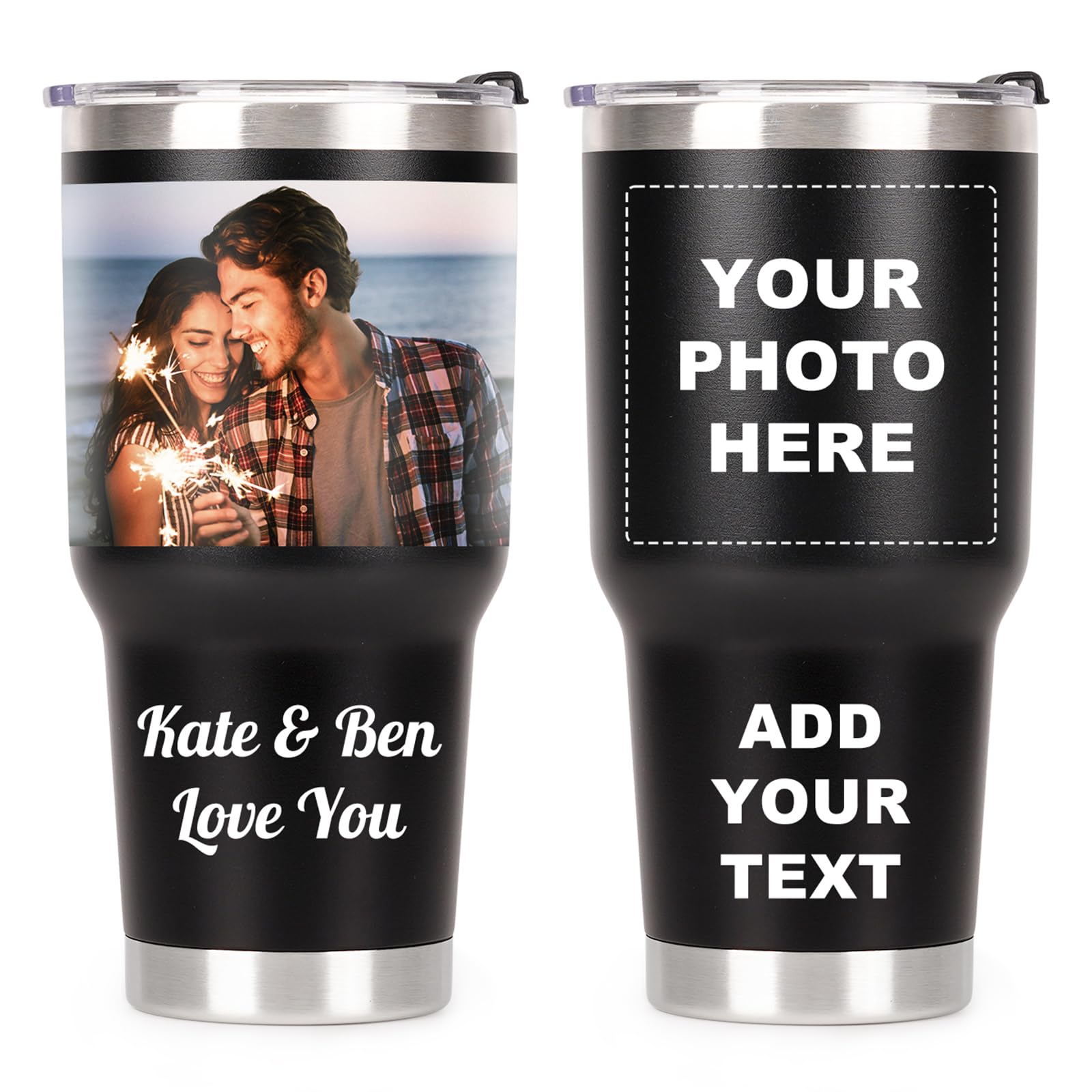 Personalized Coffee Tumbler, Custom Mugs with Pictures Text Name Logo, 30oz Stainless Steel Personalized Mug Cup, Fathers Day Anniversary Wedding Christmas Birthday Gifts for Women Men