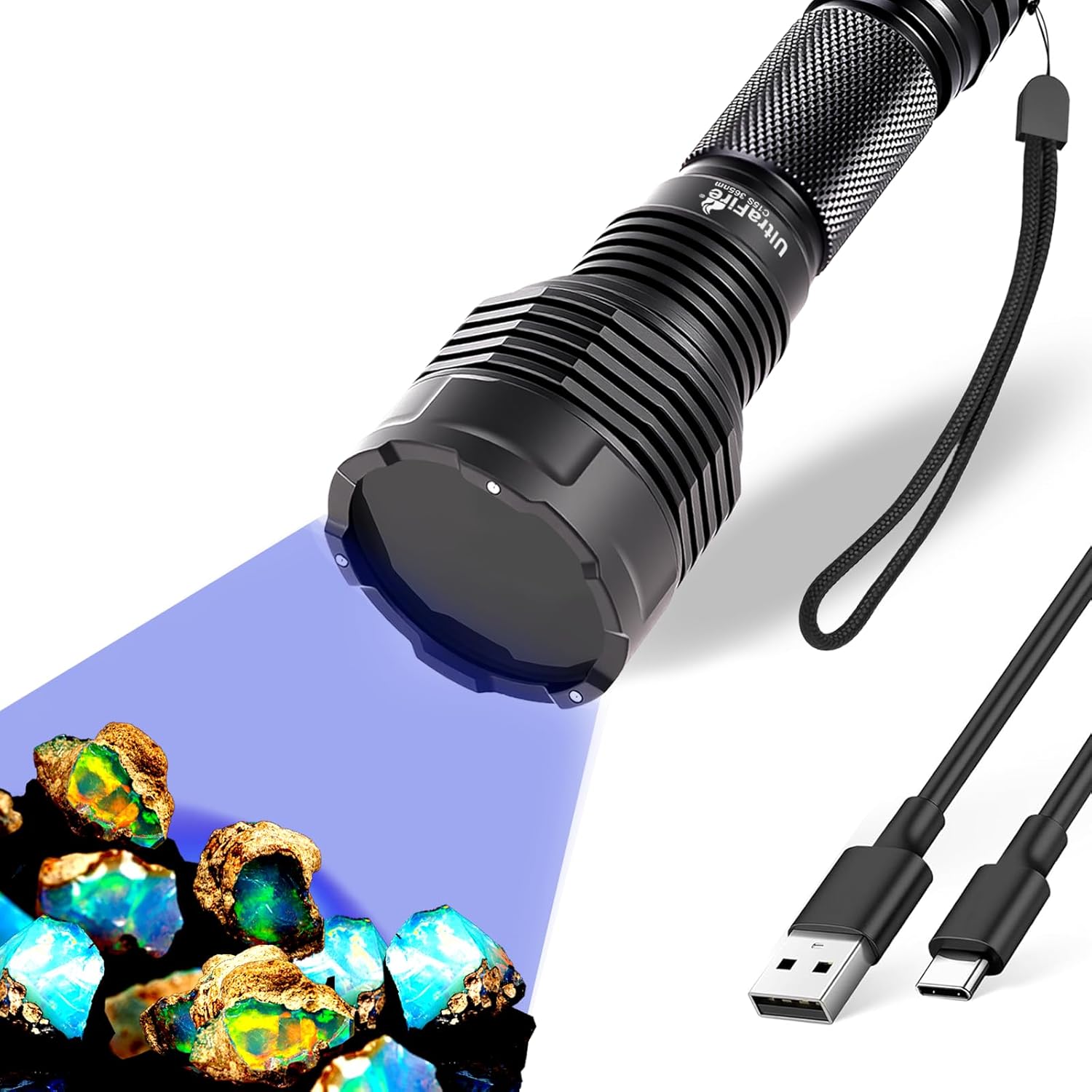 ULTRAFIRE 16W Powerful 365nm Black Light UV Flashlight with Black Filter Lens - Rechargeable LED Ultraviolet Lights Flashlights, for Rocks Finder, Dog/Cat Urine, Stains, Resin Curing