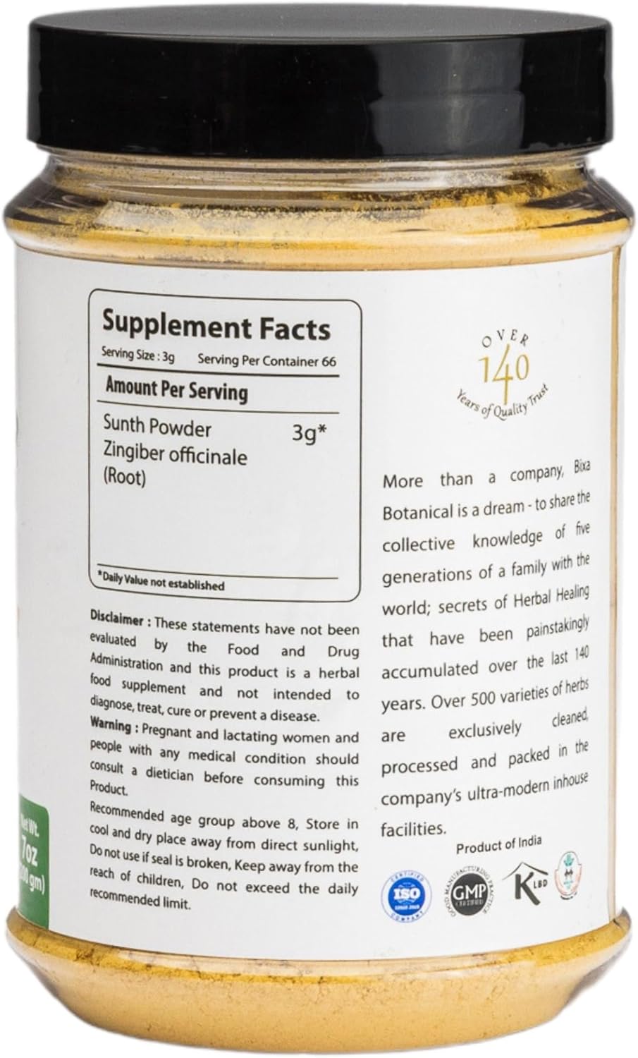 bixa BOTANICAL | Ginger Root Powder (Zingiber) India Aromatic & Flavorful for Tea, Curries, Juices, Seasonings | Gluten Free | 200 GMS / 7 OZ (Pack of 1)