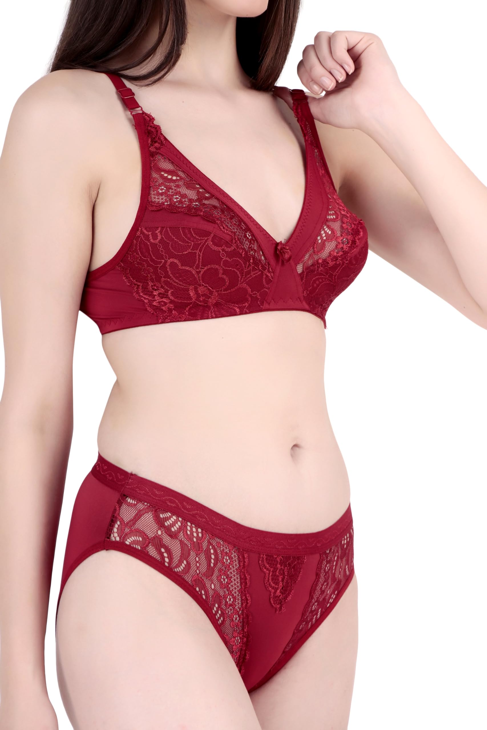 Power Net Lace Design Non-Padded Lingerie Set | Soft & Breathable B-Cup Bra with Matching Panty for Women-picture-38