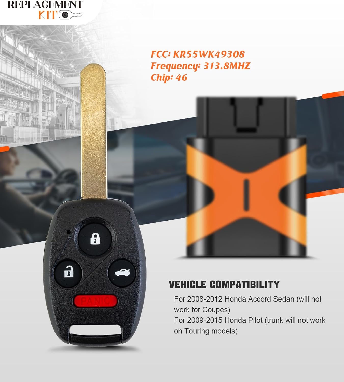 Simple Key Replacement Kit for Honda KR55WK49308 fits Accord 4 Doors Sedan 2008 2009 2010 2011 2012
