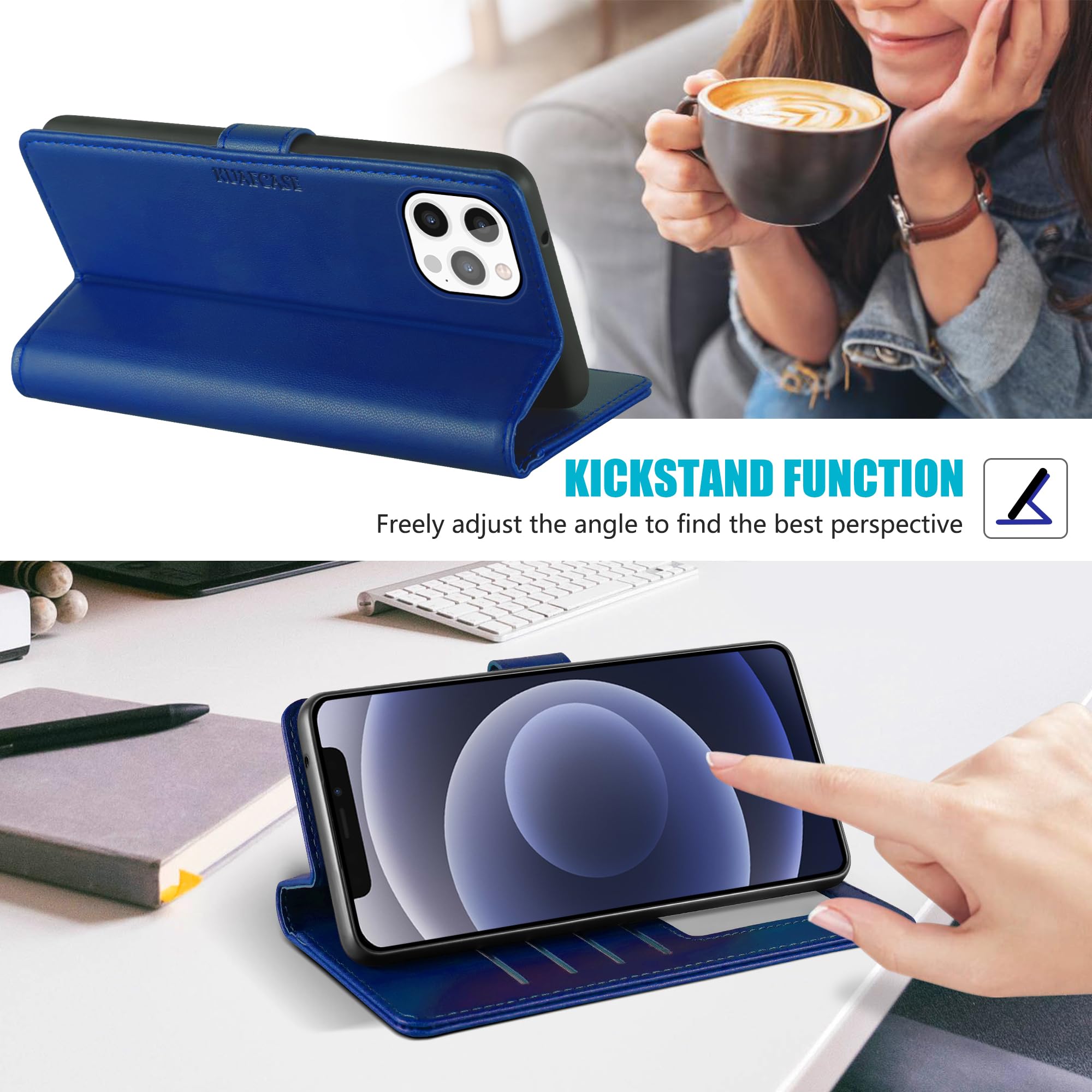 Kuafcase Compatible for iPhone 12 Pro Max Case with 4 Card Slots Magnetic Closure Kickstand Shockproof Protective Phone Case Compatible for iPhone 12 Pro Max - Image 4
