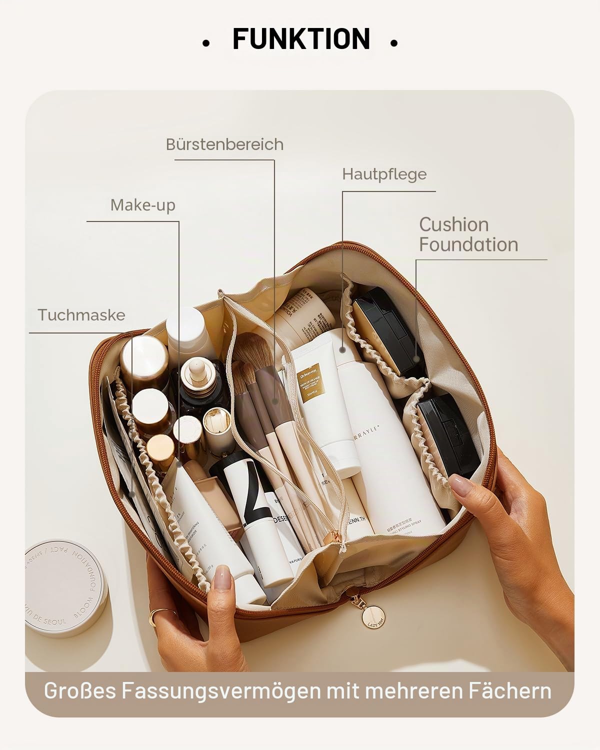 EACHY Reise-Make-up-Tasche, große Kapazität, Kosmetiktasche für Damen, wasserdicht, tragbar, offen, flach, Kulturbeutel, Make-up-Organizer mit Trennwand und Griff
