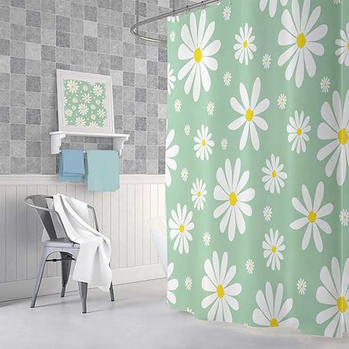 Miniatura 4 de Cortina de ducha floral con margaritas verdes, bonito juego de cortinas de ducha de tela de flores retro bohemias blancas y verdes para niñas,