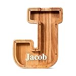 Summidate Customized Name Large Wooden Piggy Bank for Kids Boys Girls Alphabets Letter A-Z Coins Bills Money Change Bank Box Initial on Clear Cover (Laser Engraved) (Alphabet-J, 9)