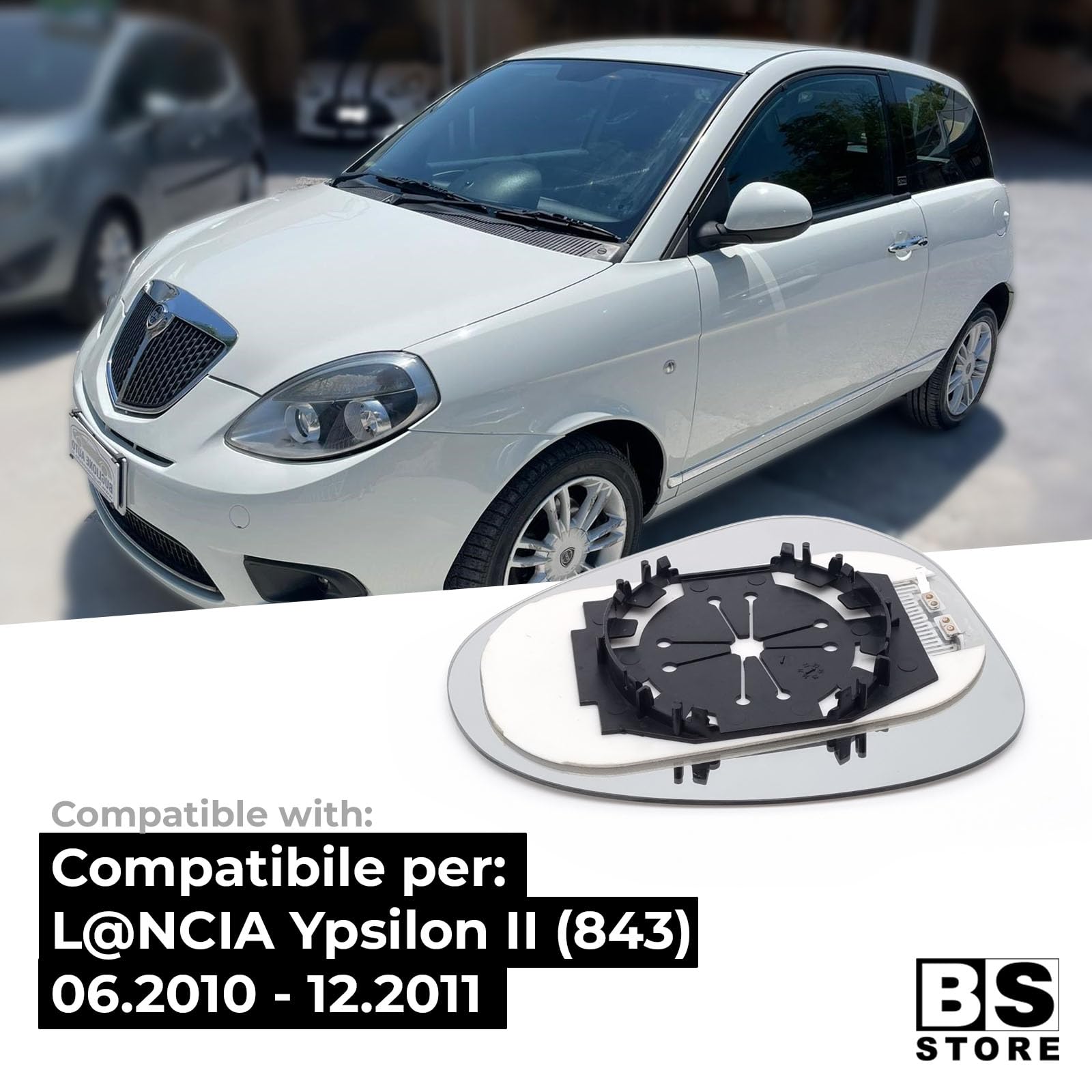 BSSTORE Vetro Specchio Retrovisore Termico Grande per YPSILON (843) dal 2010 al 2011 (Sinistra - Lato Conducente)