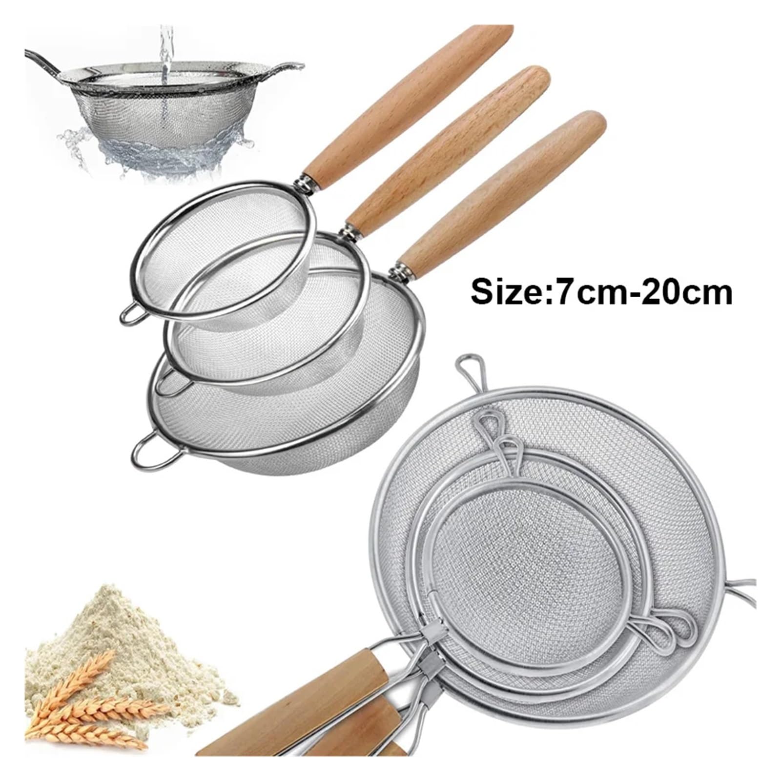colino inox 1-3 pezzi setaccio in acciaio inossidabile con manico in legno filtro a maglia fine scolapasta filtraggio residui alimentari(Type3)
