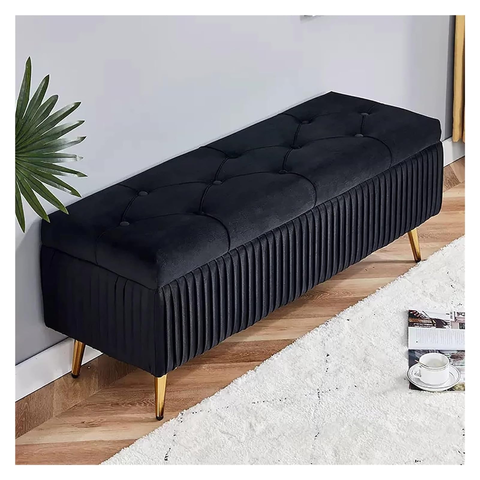 LMMIAOZ Luxury Velvet Storage Bench with Gold Metal Legs Elegant Bedroom Ottoman for Living Room Entryway Hallway Comfortable Foot Rest Furniture (Black 100x40x45cm)
