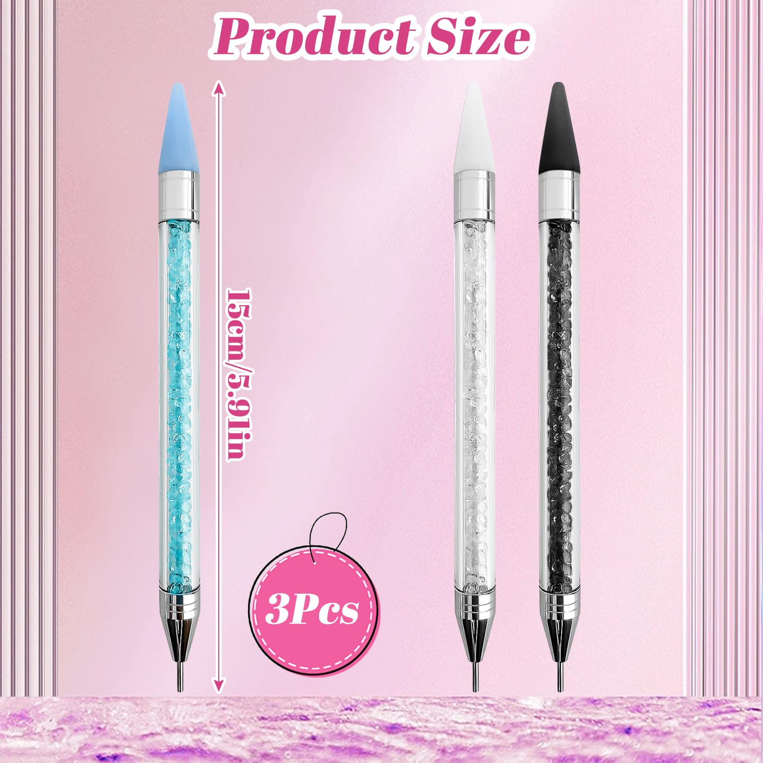 3 Pezzi Penna Strass, Applicatore Strass | Picker Strass Doppia Punta | Penna Cera per Nail Art DIY (Bianco, Nero, Blu)
