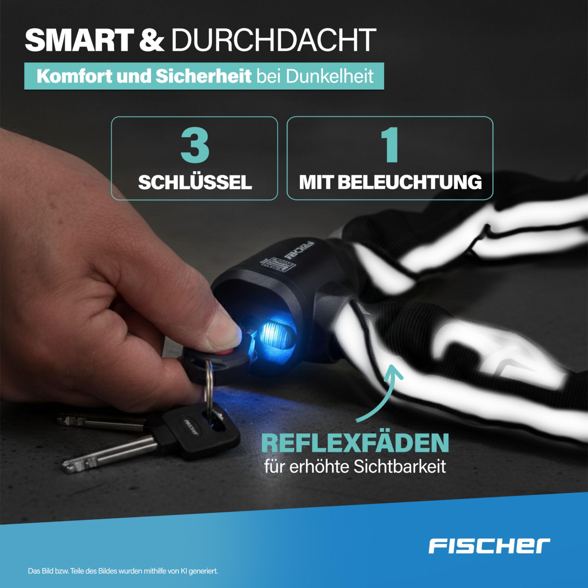 FISCHER PROTEC Plus+ CK100 - Lucchetto a catena per bicicletta, in acciaio, certificato di sicurezza, con 3 chiavi, colore: nero, 1 pezzo