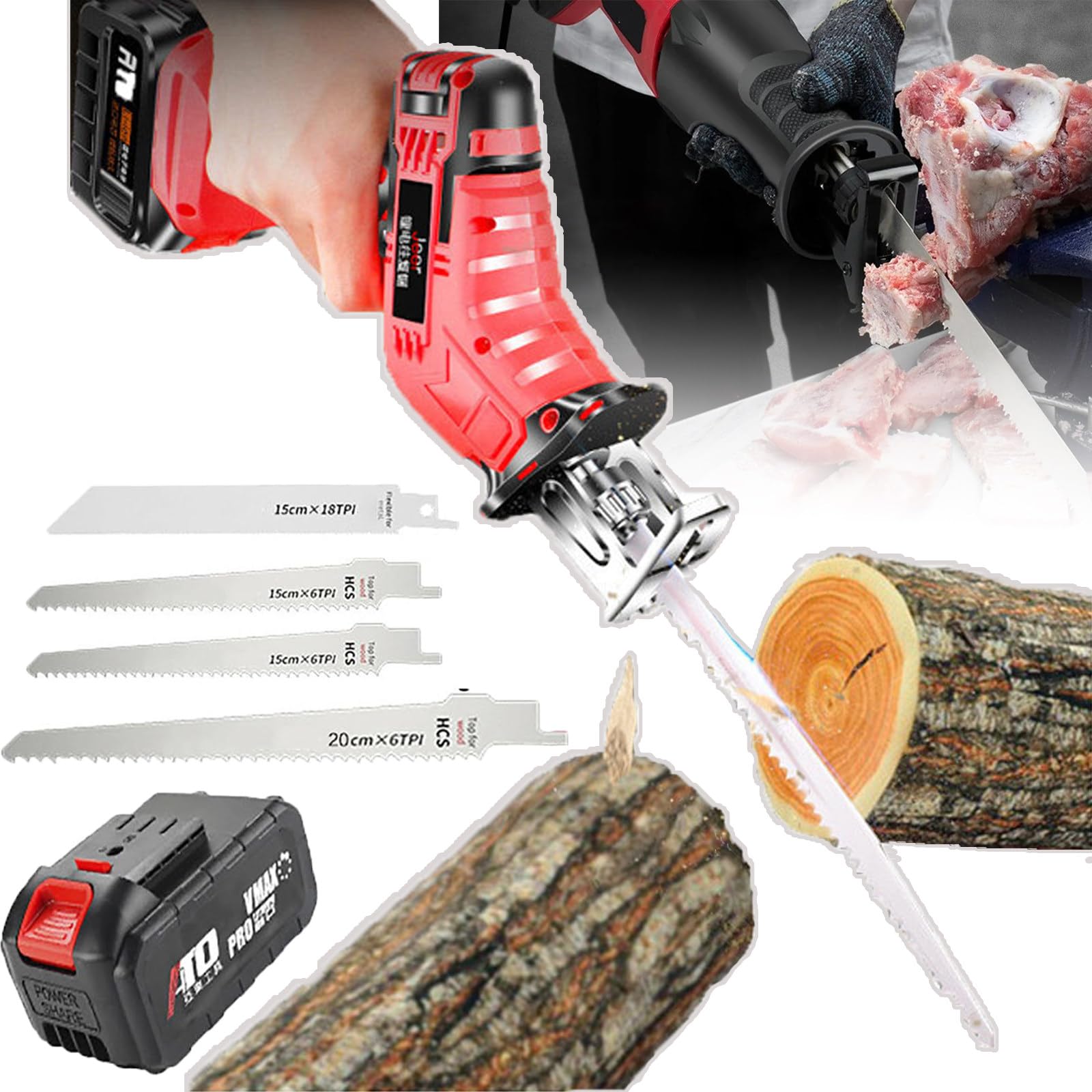Segaossa Elettrica Portatile - Alimentata a Batteria Al Litio Da 6,0 Ah, Luce LED + 4 Lame per Sega, Per Ossa, Carne, Legno, Metallo, Plastica
