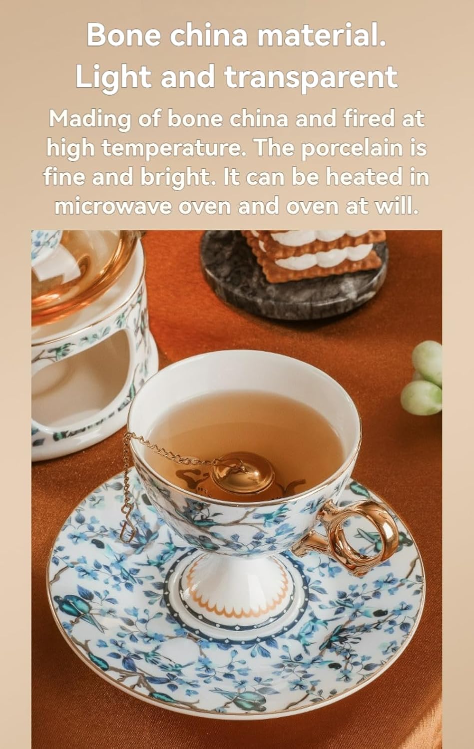 Tall Coffee Cup and Saucer Set – Elegant European-Style Ceramic Bone China Tea Cup, High-Stemmed Afternoon Tea (Blue + White,8 oz,1 Cup+1 Dish+1 Spoon (mail order set))