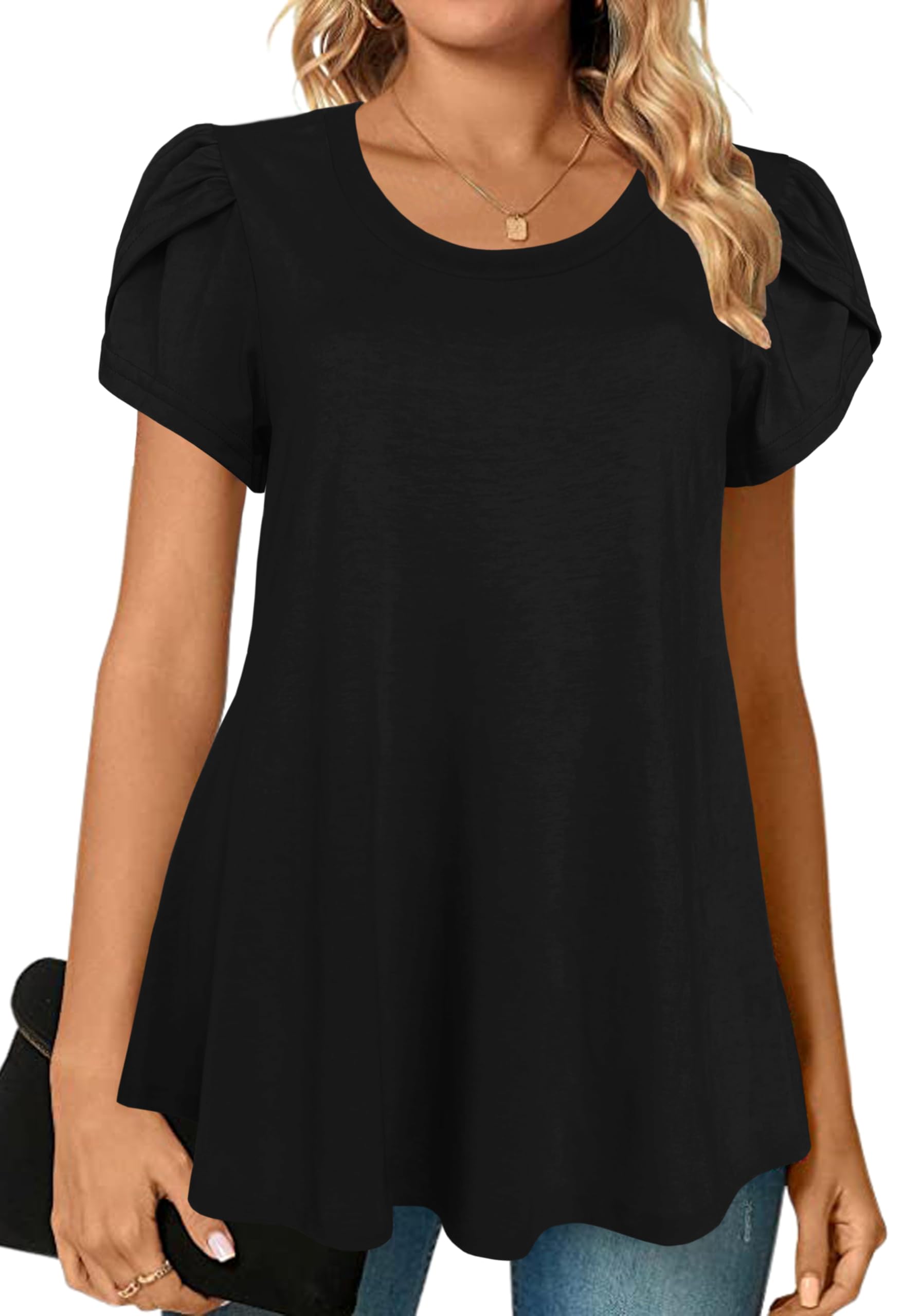 Afibi Womens Summer Crew Neck Loose Dressy Shirts Petal Short Sleeve Tunic Tops