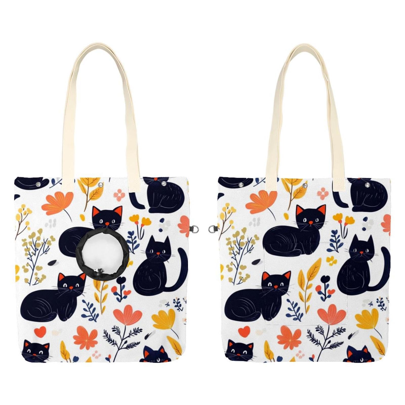 Bolsa de hombro de lona para pasear mascotas con diseño alegre de flores y gatos