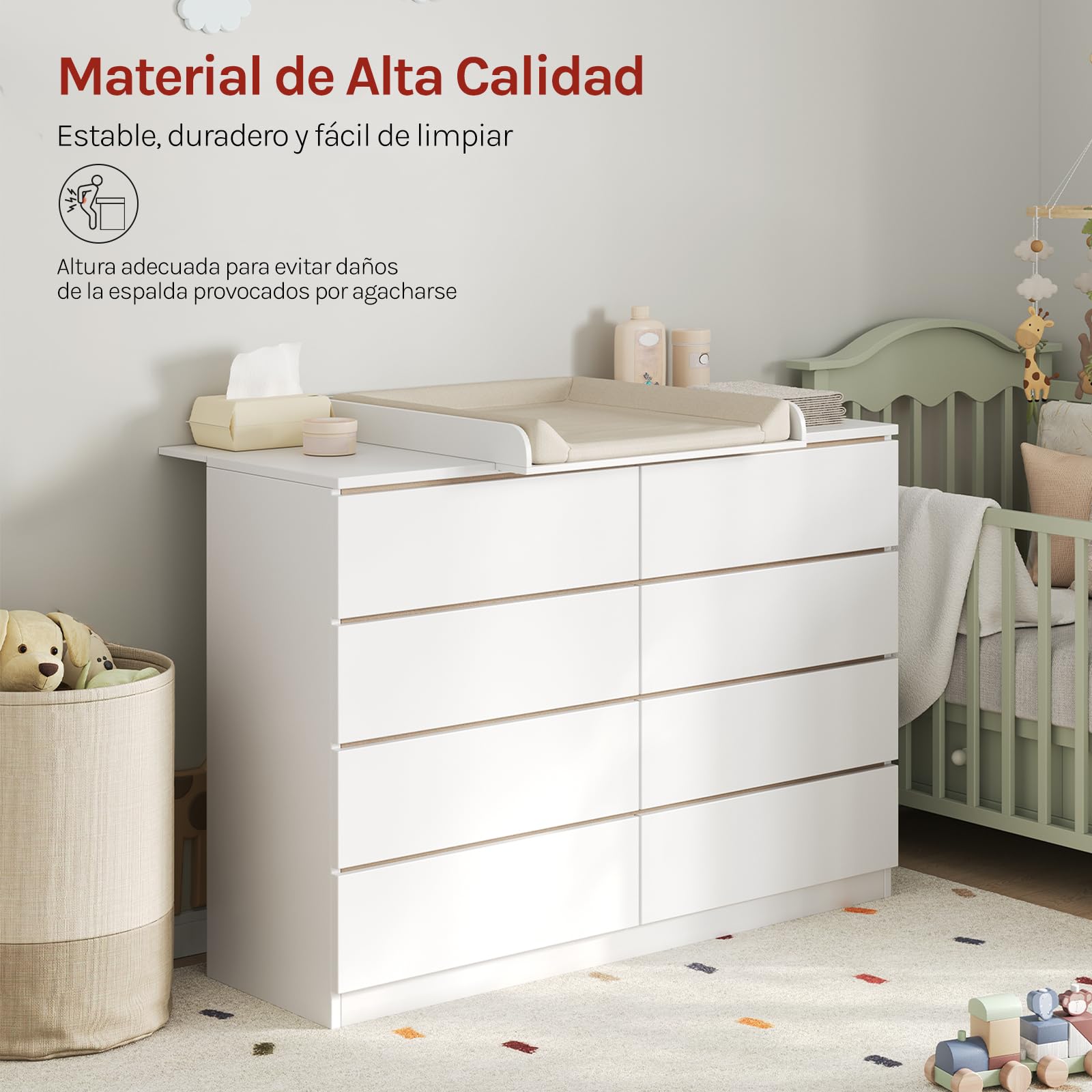 WOLTU Cambiador Accesorio para Cómoda, Tablero Cambiador de Pañales con Borde Protectora, MDF Blanco, 160x80x10 cm (Zona para Bebé 80x80 cm)