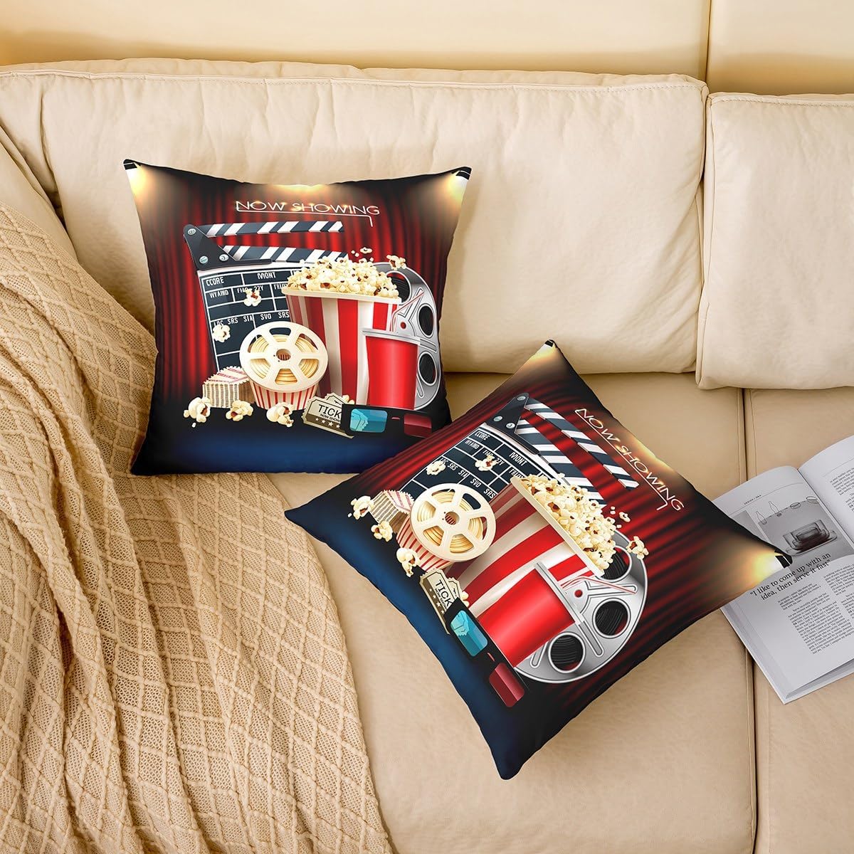 Movie Theme Throw Pillow Covers 24x24 Set of 2 Vintage Cinema Ticket Pillow Covers For Boys Teens,Ceremony Photo Photography Cushion Cases Home Theater Decor Decorative Pillow Covers Bed Sofa Decor