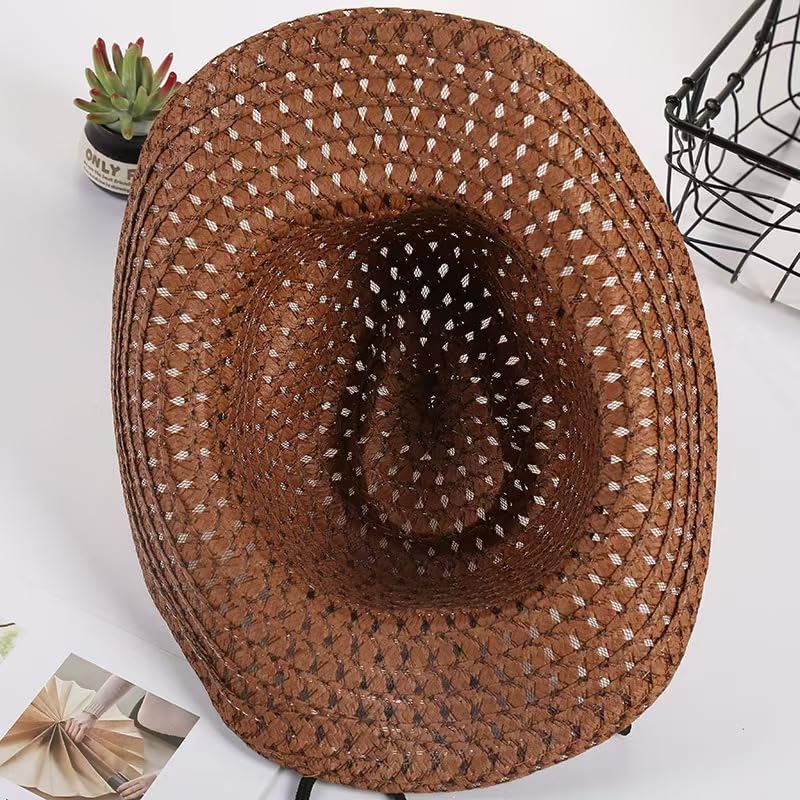Straw Sun Hat Adjustable Band - Boys Girls Summer Beach Fedora Hat, Wide Brim Breathable Cowboy Style Cap for Kids Ages 3-84