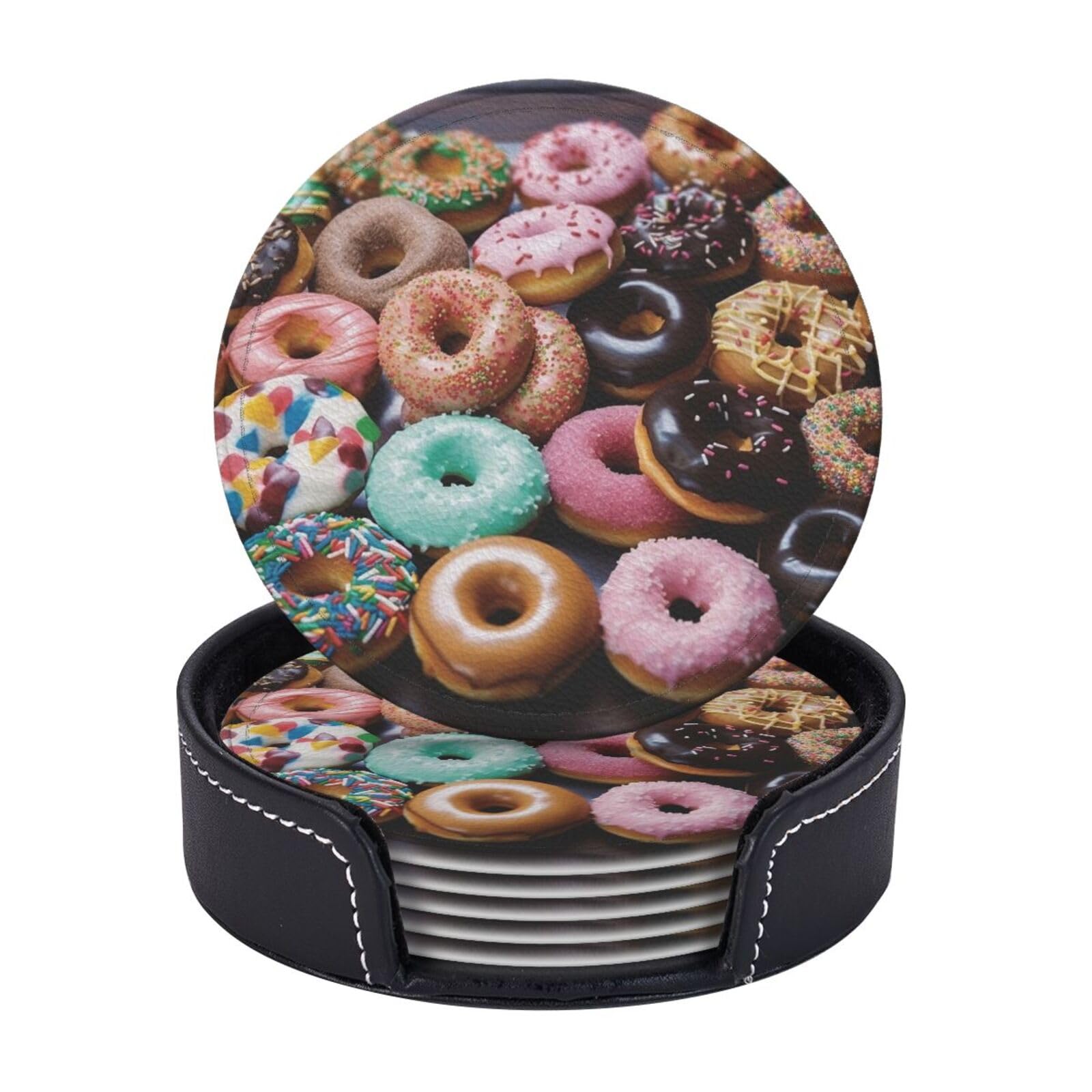 6PCS Drink Coasters with Holder, 4" Leather Coasters for Drinks, Donuts Cup Coasters for Coffee Table Decor, Non-Slip Drinking Cup Mat for Hot or Cold Drink