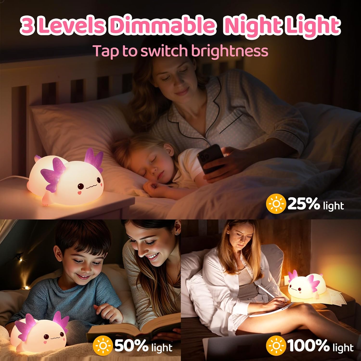MeWaii White Noise Sound Machine Baby Night Light with Alarm Clock for Kids,50% Faster Sleep and Huggwaii Squishy Axolotl Night Light for Kids, Dimmable Silicone Kids Night Light with 4 White Noise