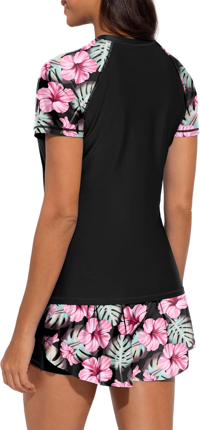 Tournesol Women's 2 Piece Rash Guard Short Sleeve Swim Shirts UPF 50+ Built in Bra Swimsuit with Culottes with Pockets