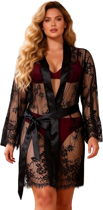 ohyeah Plus Size Lace Kimono Robe for Women Sheer Mesh Lingerie Cover Up