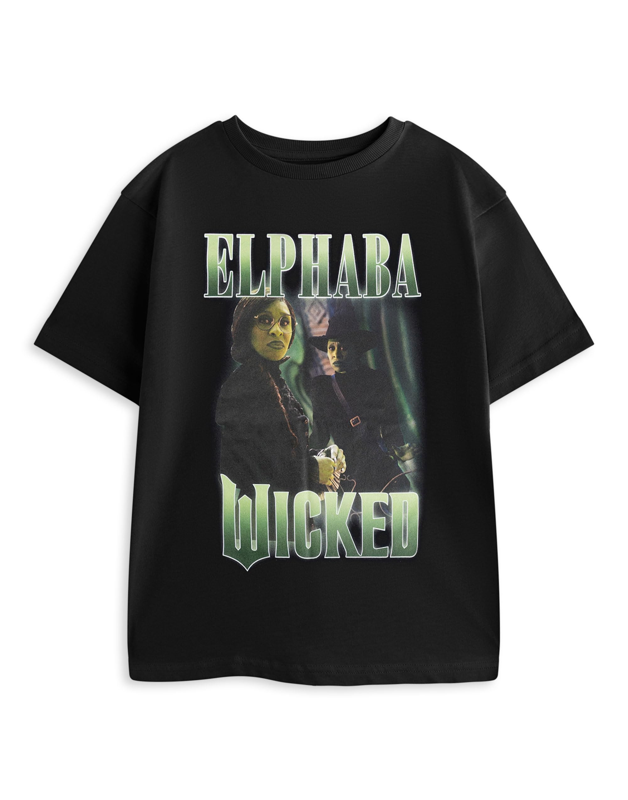 Wicked Girls Elphaba T-Shirt In Black | Short Sleeve Graphic Tee Featuring Cynthia Erivo As The Witch Of The West | Classic Movie Apparel For Kids Merch - 9-10 Years