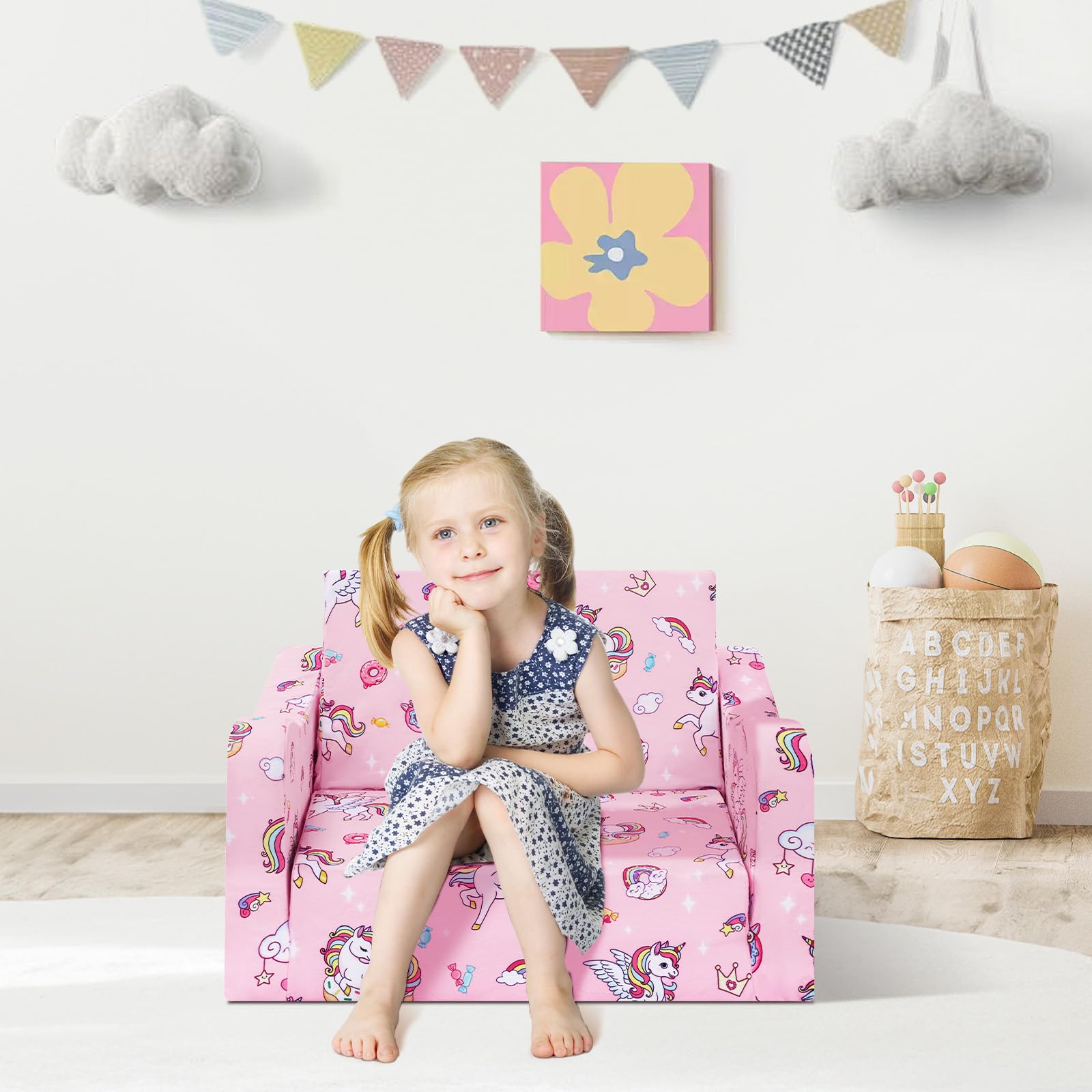 Convertible Canapé pour Enfants, Pliant Sofa Bed 2 en 1 pour Filles et Garçons, Petit Canapé Lit Stable pour Chambre Coin Lecture Salon,Rose Licornes Bonbons