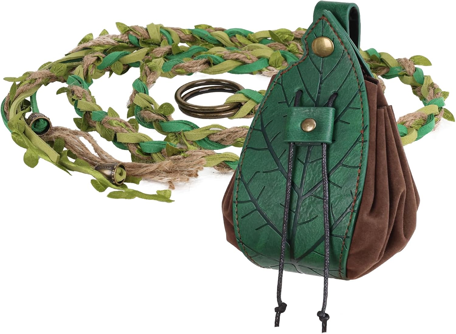 HiiFeuer Boho Leaf Twine Belt Renaissance Leaf Purse,Bagladybug Decor Dice Bag Elven Accessories for LARP Ren Faire Halloween(Green B)
