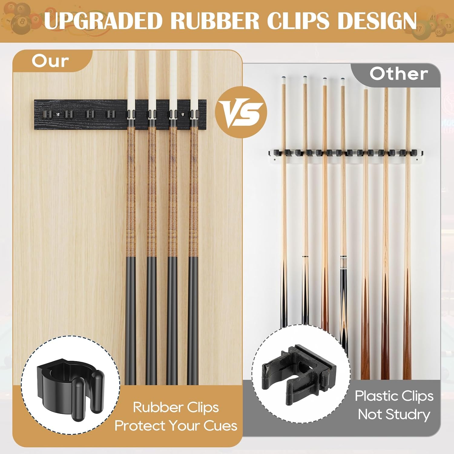 Large Pool Stick Holder Wall Mount, Pool Cue Set Holder for 8 Cues Sticks Storage Pool Table Accessories Equipment Organizer, Cue Rack Billiards Accessories for Game Room Bars Clubs Billiard Players