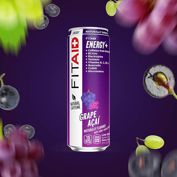 LIFEAID FITAID Energy Grape ACAI 200mg Natural Caffeine Keto Pre-Workout Performance: BCAAs Quercetin Electrolytes Omega-3s 15 Calories Paleo Vegan & Gluten-Free 12-oz (Pack of 12) - Packaging may vary