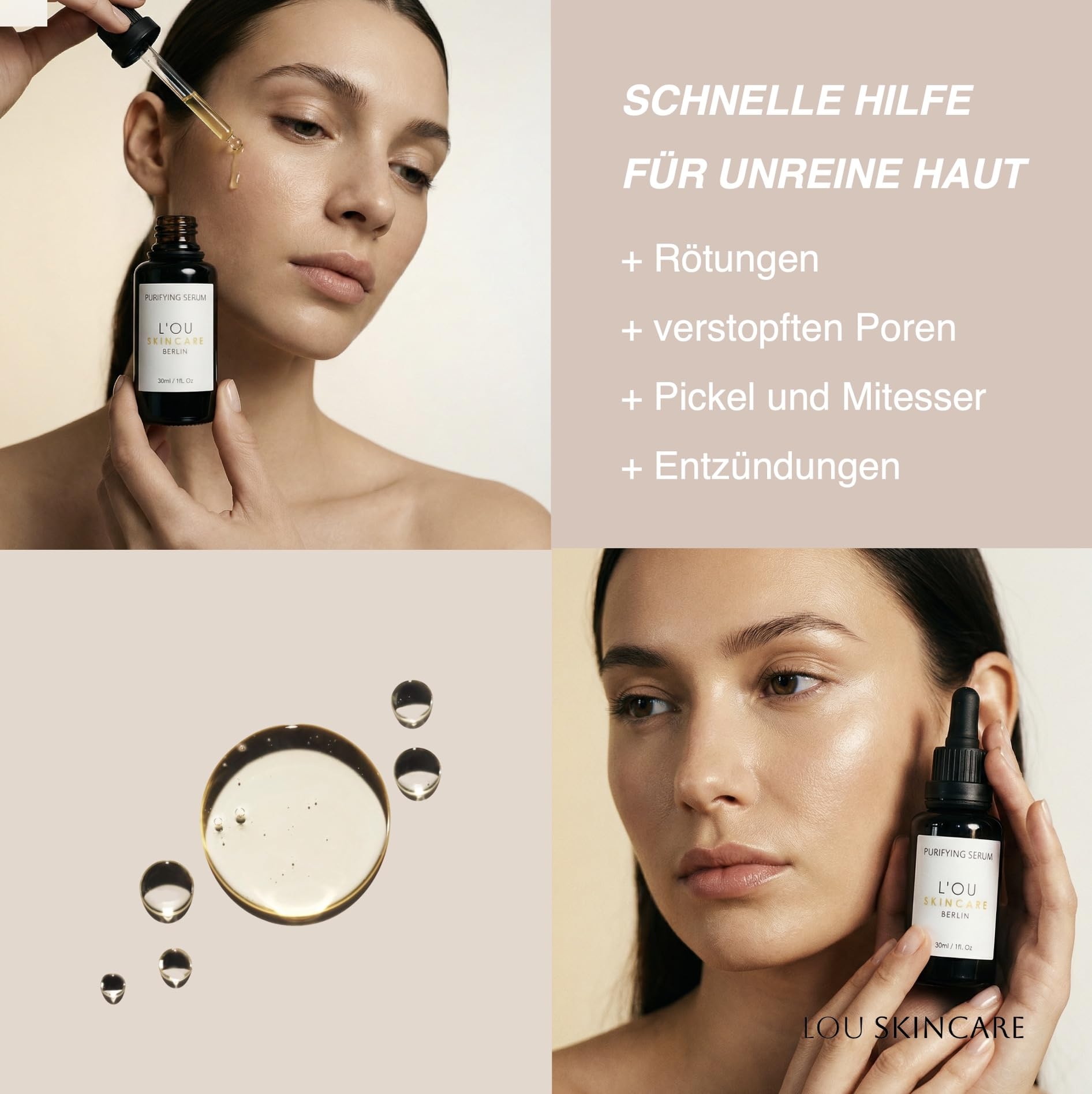 lou skincare purifying serum - Gesichtsserum mit Hanf, Teebaum und Lavendel, für unreine und empfindliche Haut, 30ml