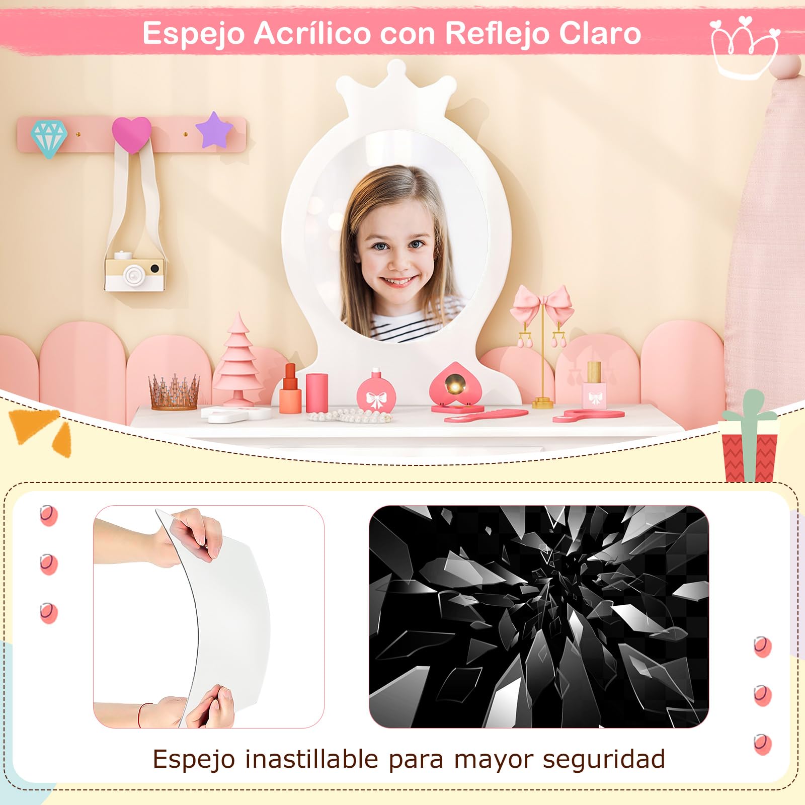 COSTWAY Tocador de Maquillaje con Taburete y Espejo para Niña, Escritorio Madera 2 en 1 con Cajón, Infantil +3 Años, 70x34x101 cm (Blanco)
