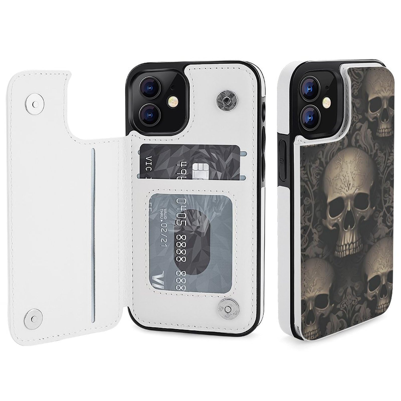 Fundas tipo cartera para iPhone 12, papel pintado gótico, estampado de calaveras, funda de piel con ranuras para tarjetas