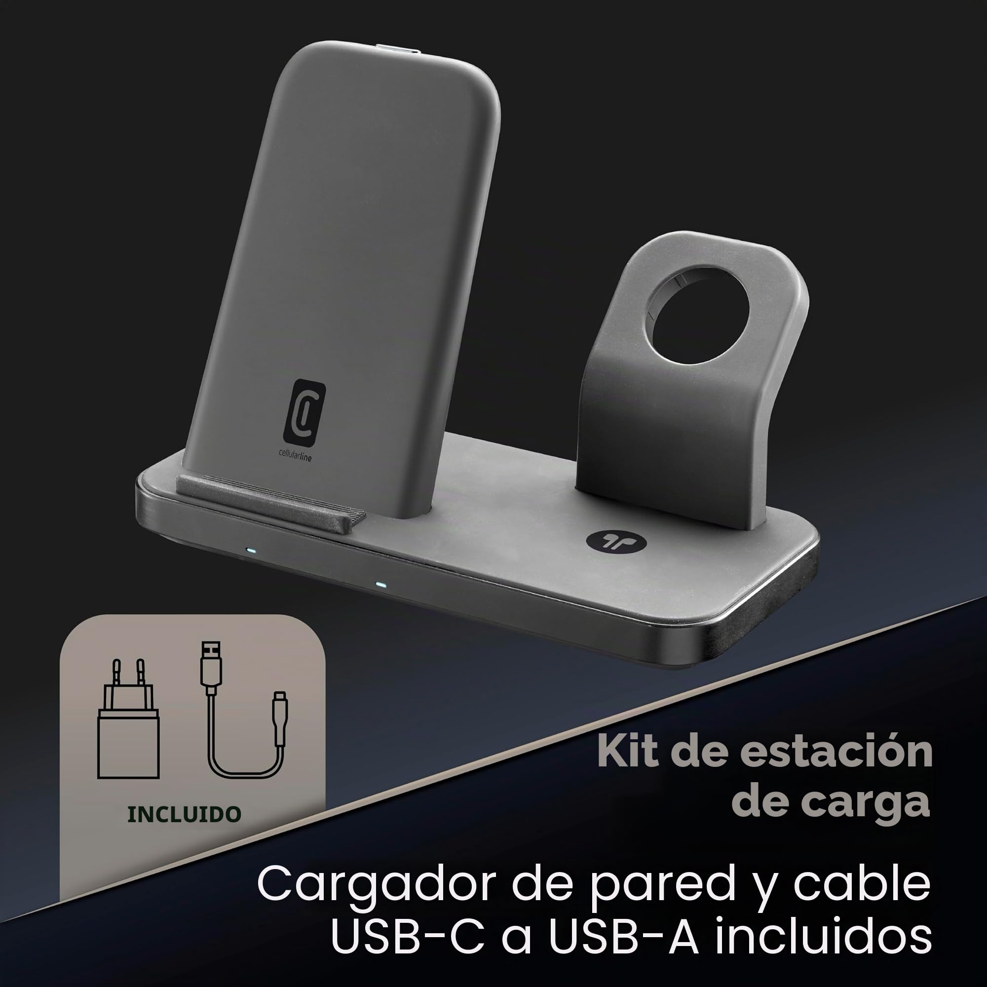 Cellularline | Trio Wireless Charger | Cargador inalámbrico 3 en 1 para Dispositivos Apple: iPhone, Apple Watch, Airpods