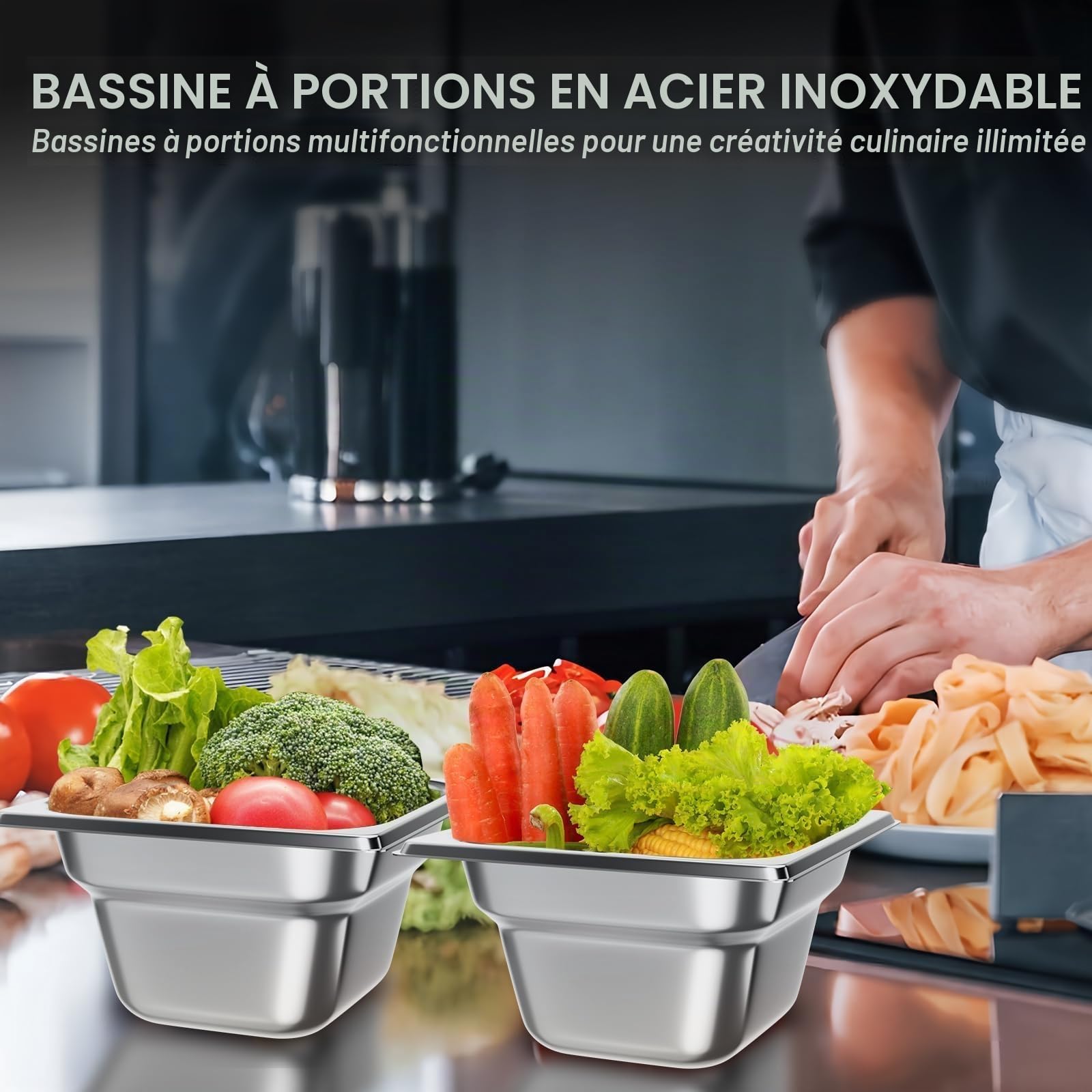 TAIMIKO Bac GN Gastronorm Lot de 6 récipients en acier inoxydable de 100 mm de profondeur - Pour bain Marie - 1 mm d'épaisseur (1/6 poêle, 6 pièces, avec couvercles)