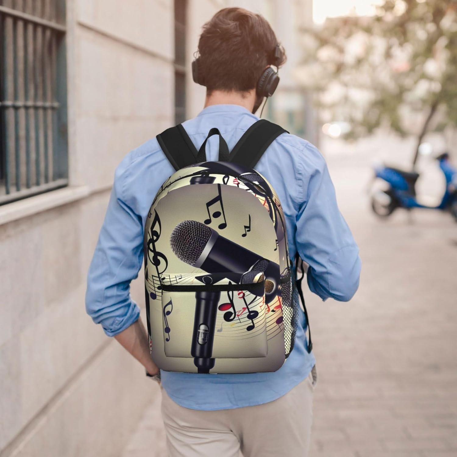 Microphone with Music Note backpack, 17 inch backpack with pockets, adjustable shoulder straps, large capacity backpack, Black, One Size, Black, One Size